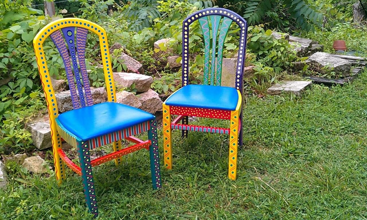Hand Painted Furniture Chair Colorful Crazy Yellow Back