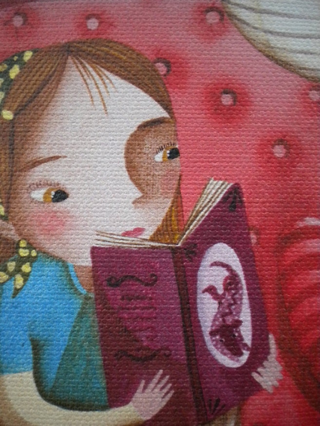 Illustration art print for children, misterious climate, girl reading in the night, dragon and bird's book.
