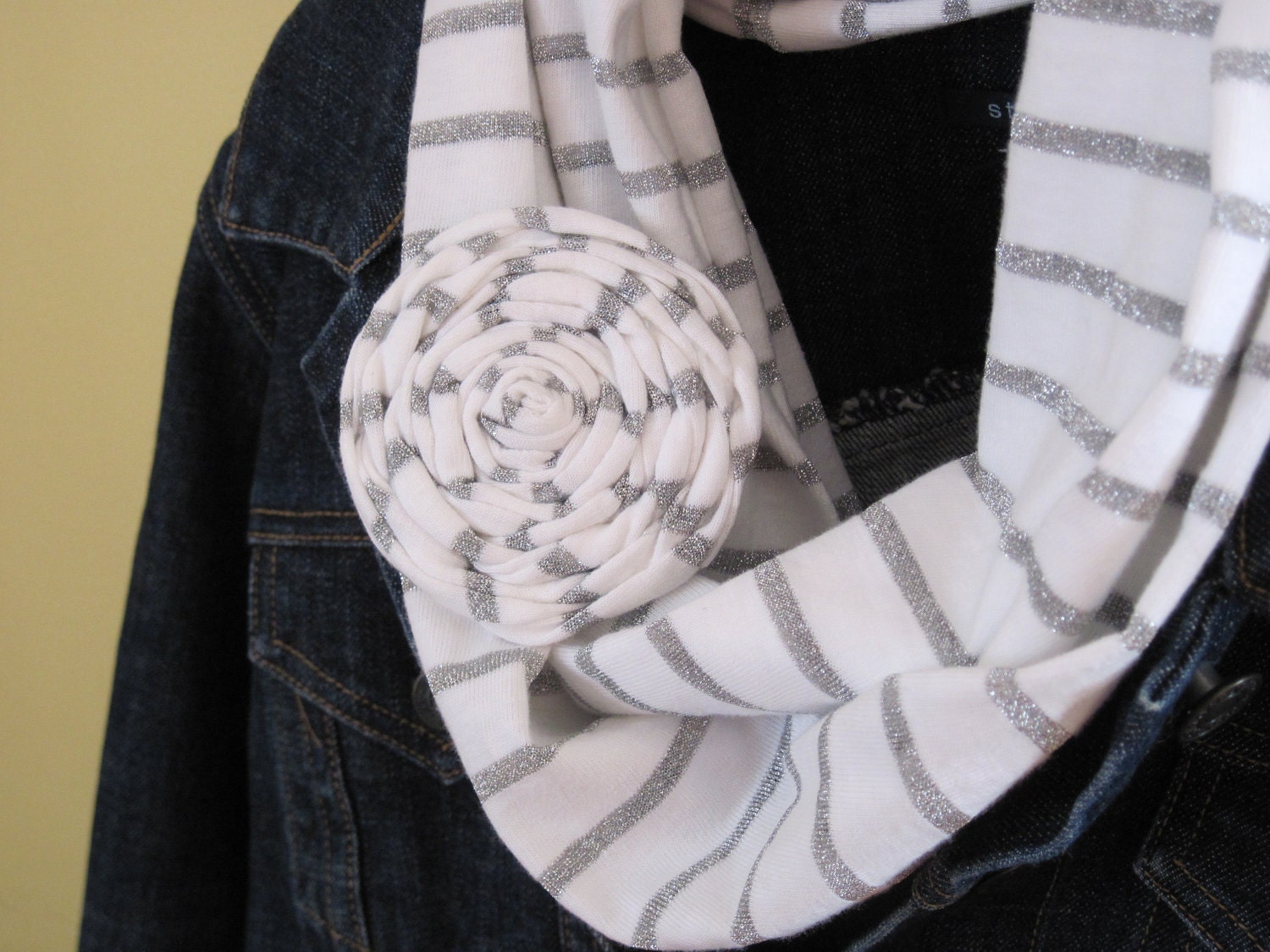 White and Silver Striped Infinity Scarf Set