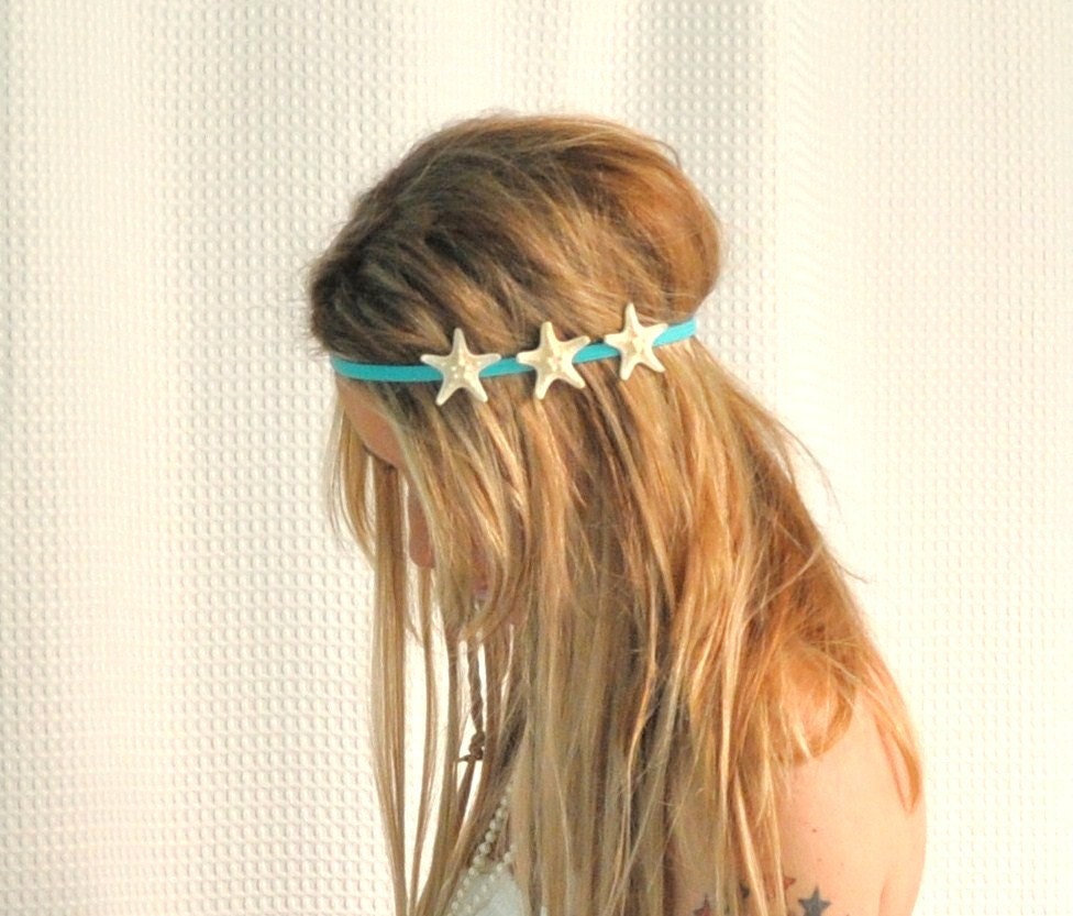 Starfish Headband Triple White Starfish on Elastic Headband Hippie Headwrap