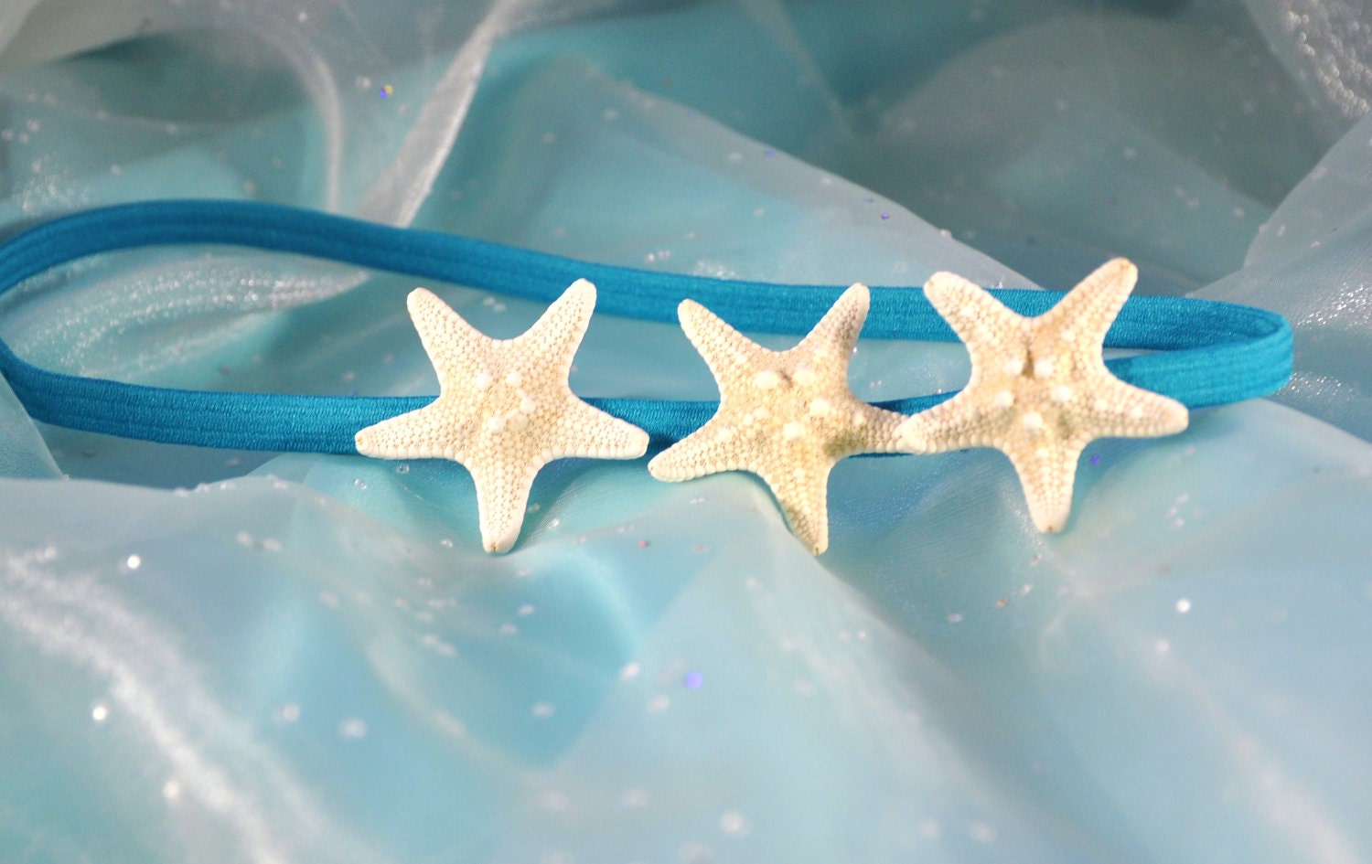 Starfish Headband Triple White Starfish on Elastic Headband Hippie Headwrap