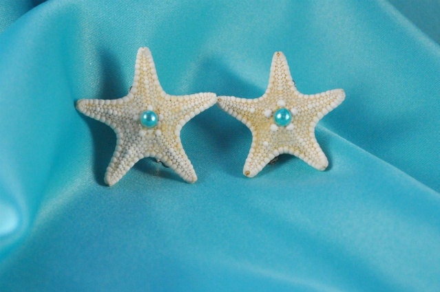 Starfish Hair Clips White with Aqua Turquoise Pearl Center