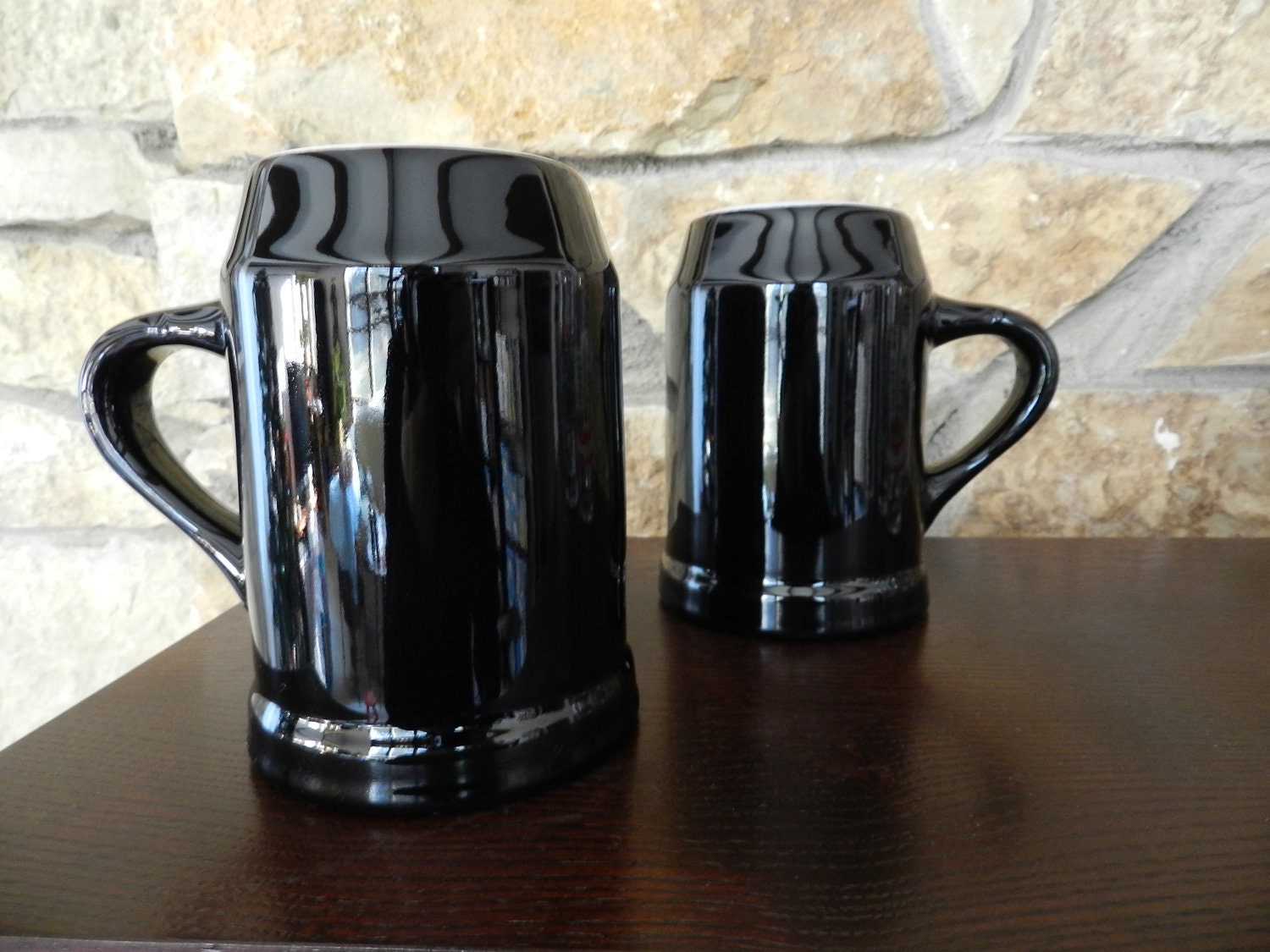 Vintage Hall China Black Steins Beer Mugs Flagons Made in USA Set of 2