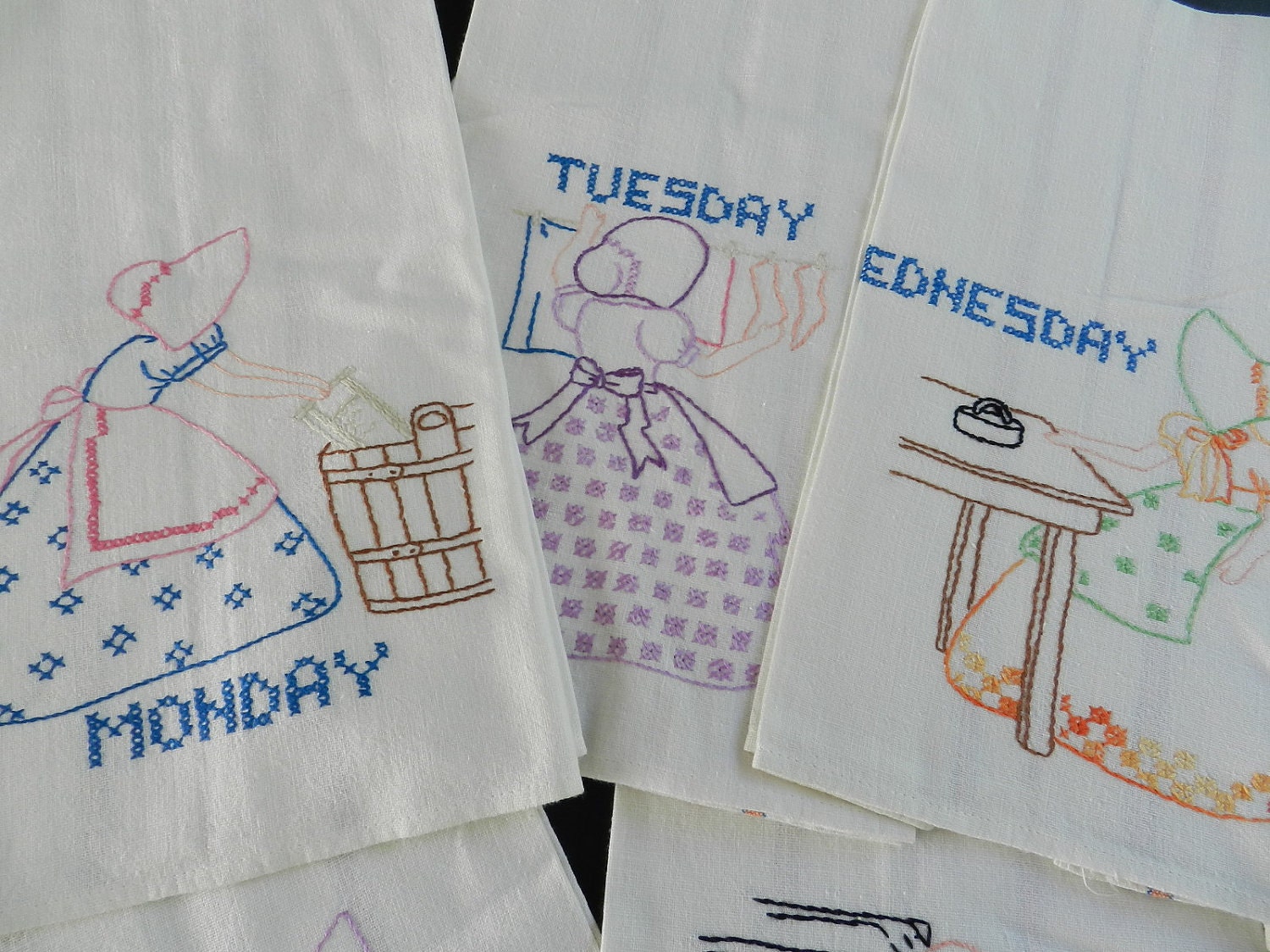 Reserved Vintage Days of the Week Monday to Sunday Embroidered Dish Towels Set of 7