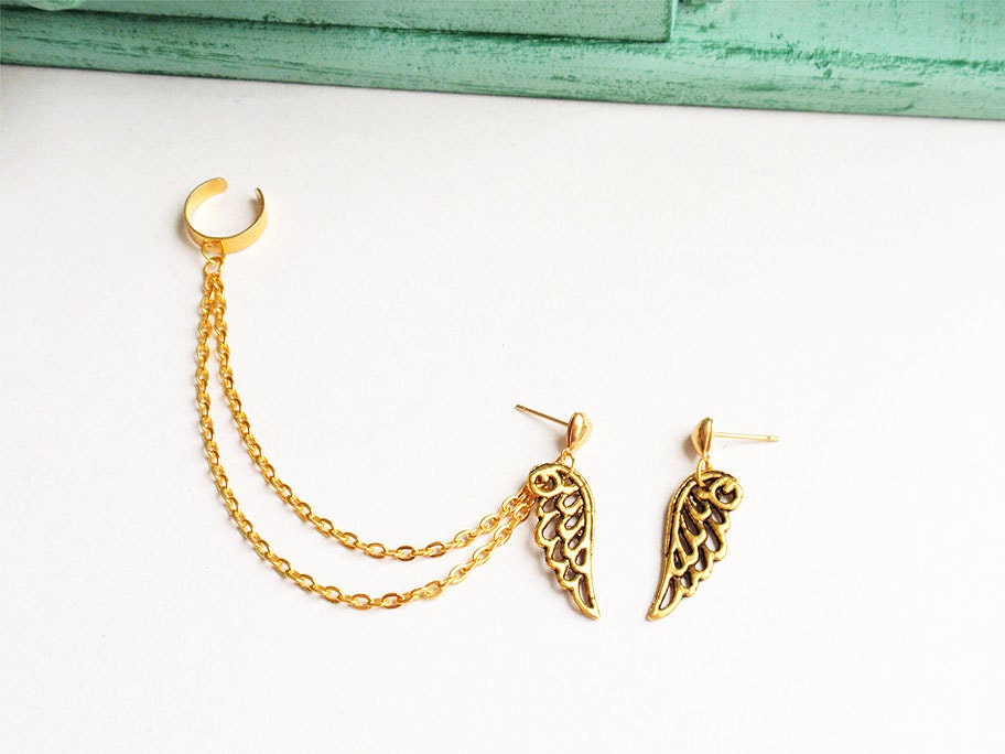 Gold Hearts and Wings Ear Cuff (Pair)