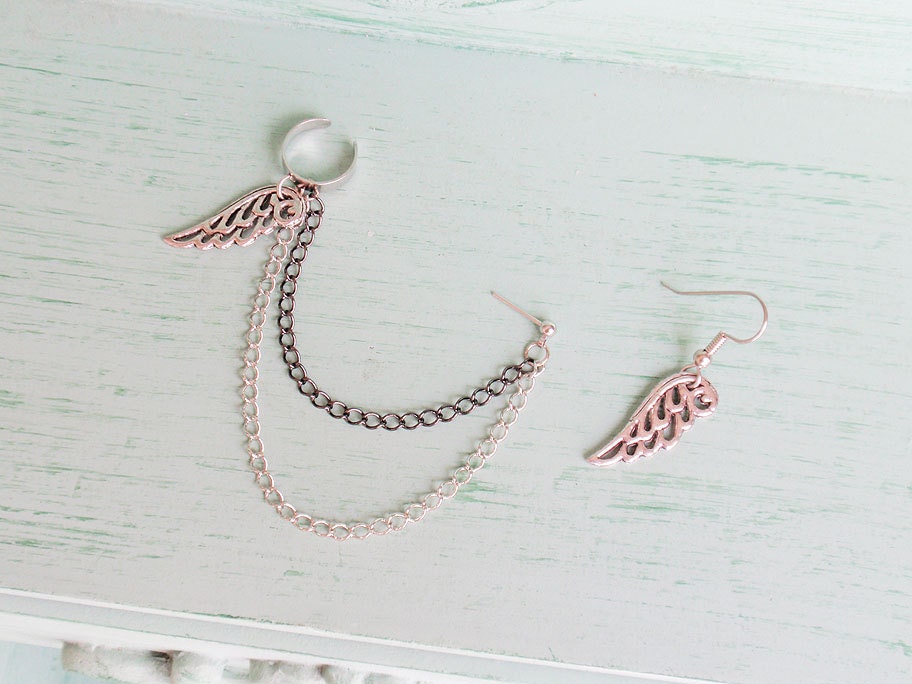 Silver Angel Wing Double Chain Ear Cuff (Pair)