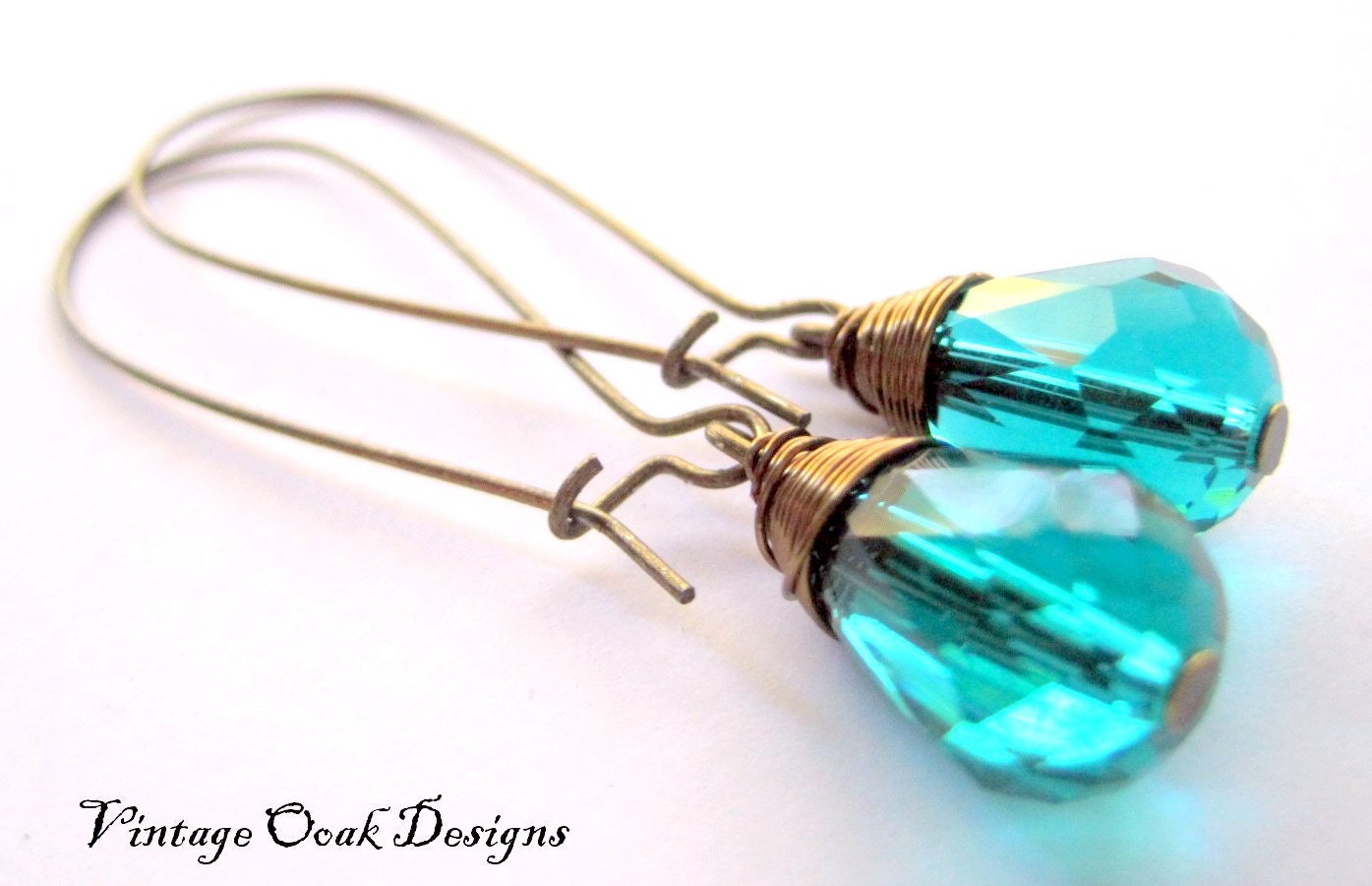 Peacock Teal Swarovski Crystal Earrings on Long Antiqued Bronze Wires -- Natural Elements Jewelry Collection - VintageOoakDesigns