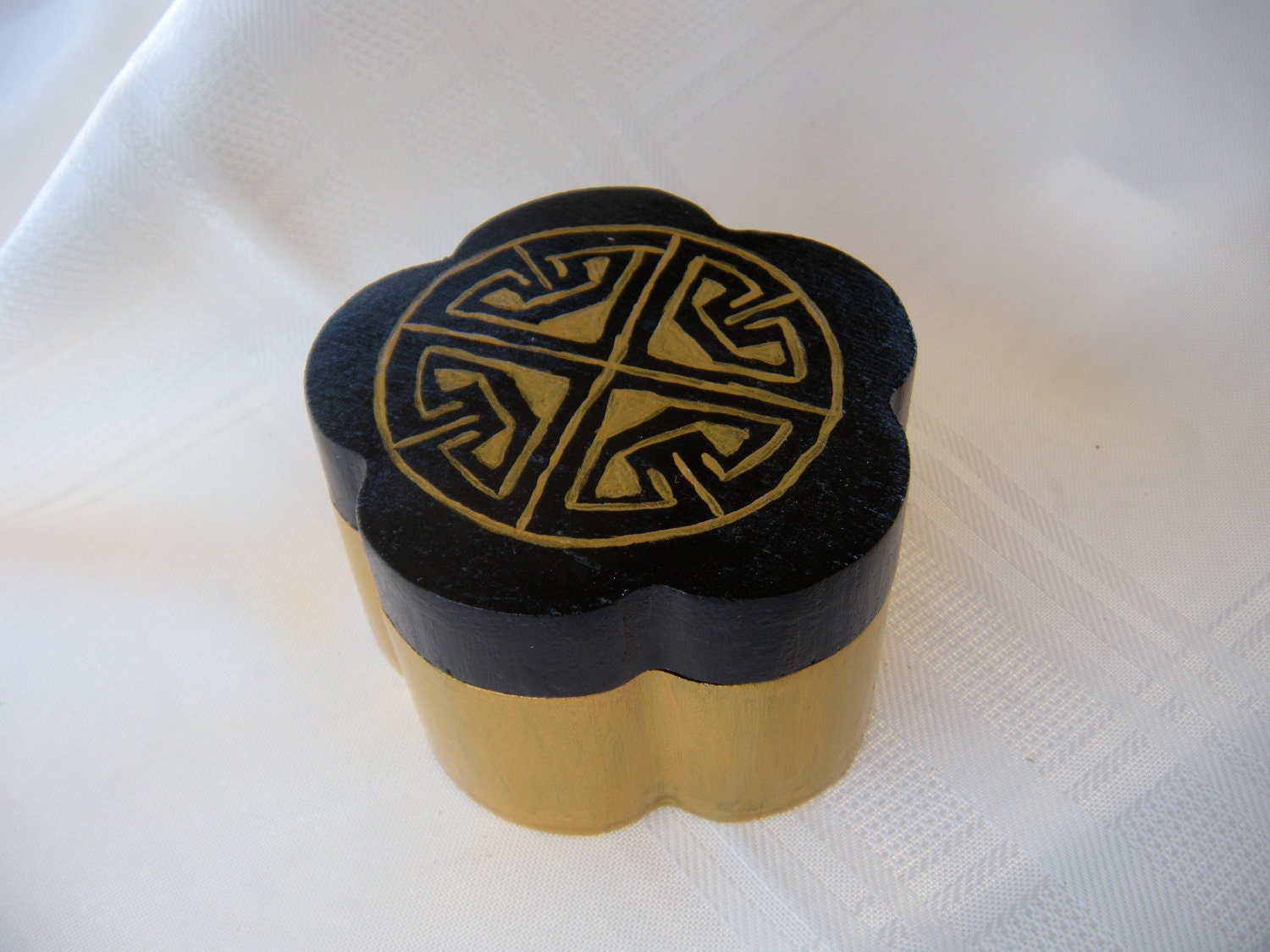 Wooden Hand Painted Mini Jewelry Box Black and Gold with a Celtic Design on the cover