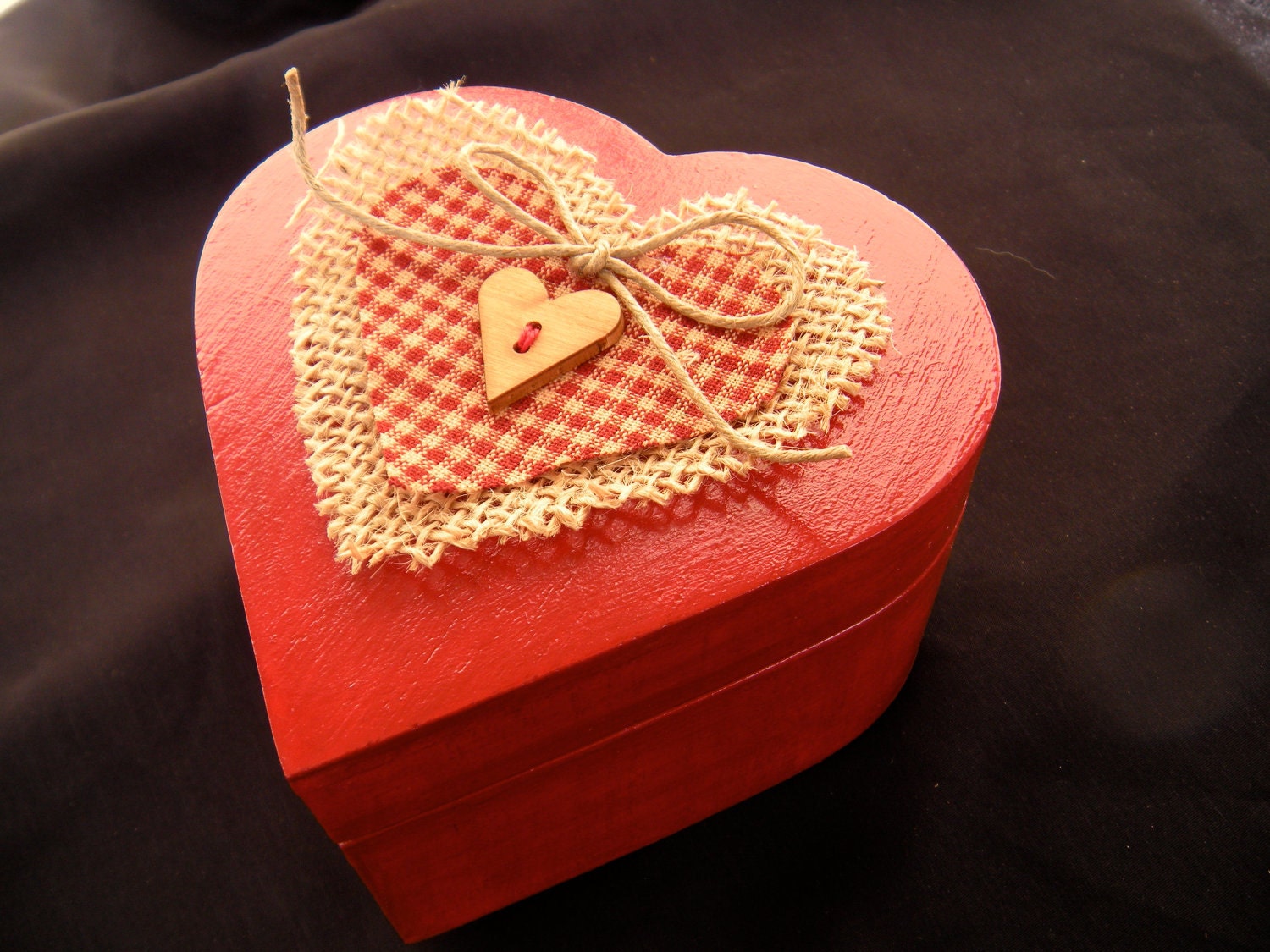 Hand Painted Wooden Heart Shaped Jewelry Box with check pattern fabric, burlap and a wooden button