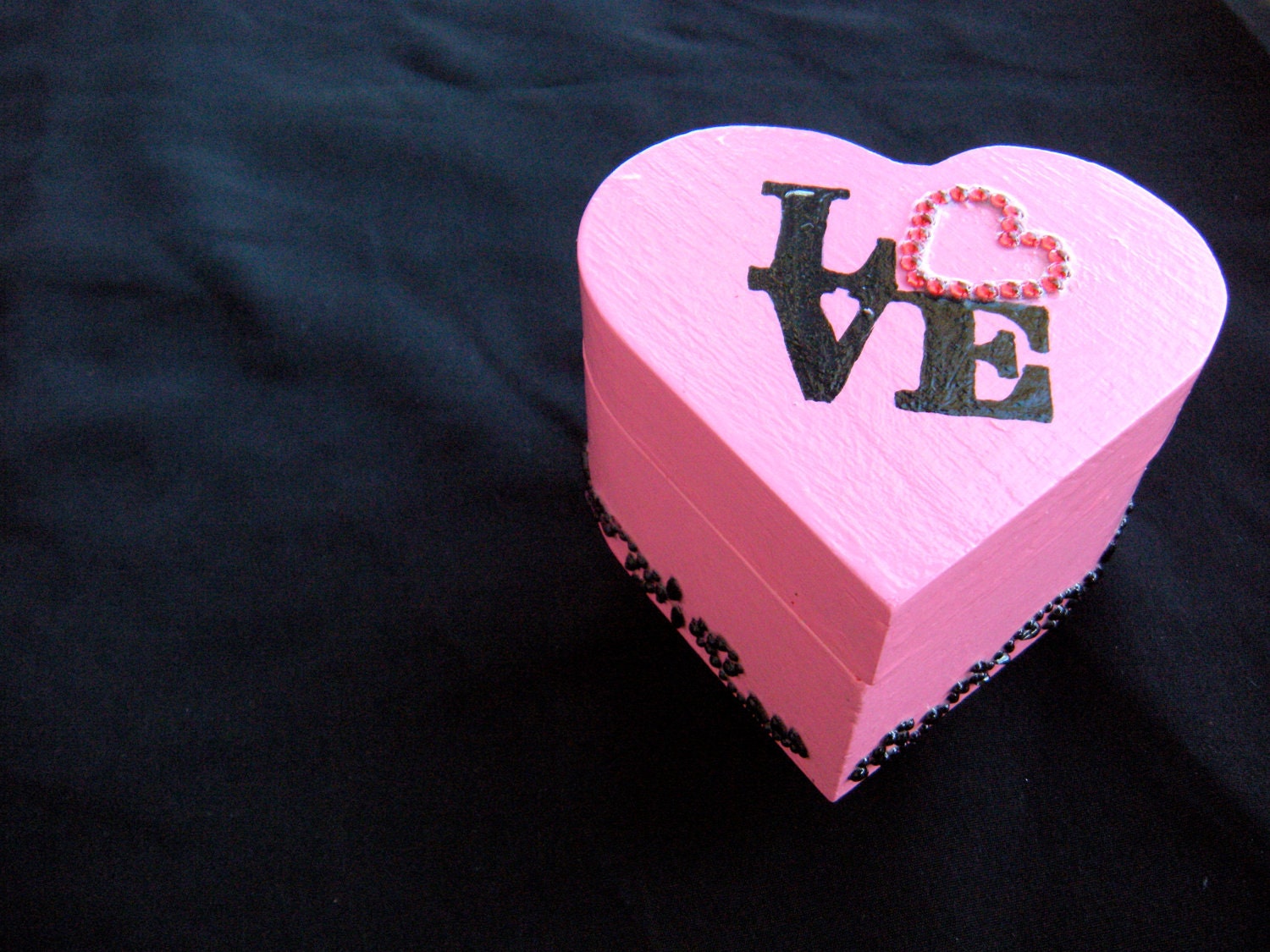 Hand Painted Wooden Heart Shaped Jewelry Box perfect for Valentine's Day smaller box embellished with Rhinestones with the word LOVE