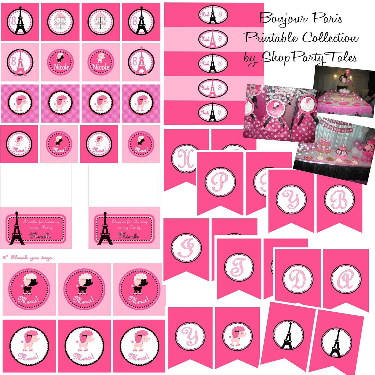 PARIS Pink Poodle Eiffel Tower Printable birthday party Collection cupcake toppers favors Thank you tags Water bottle labels Banner Il_570xn