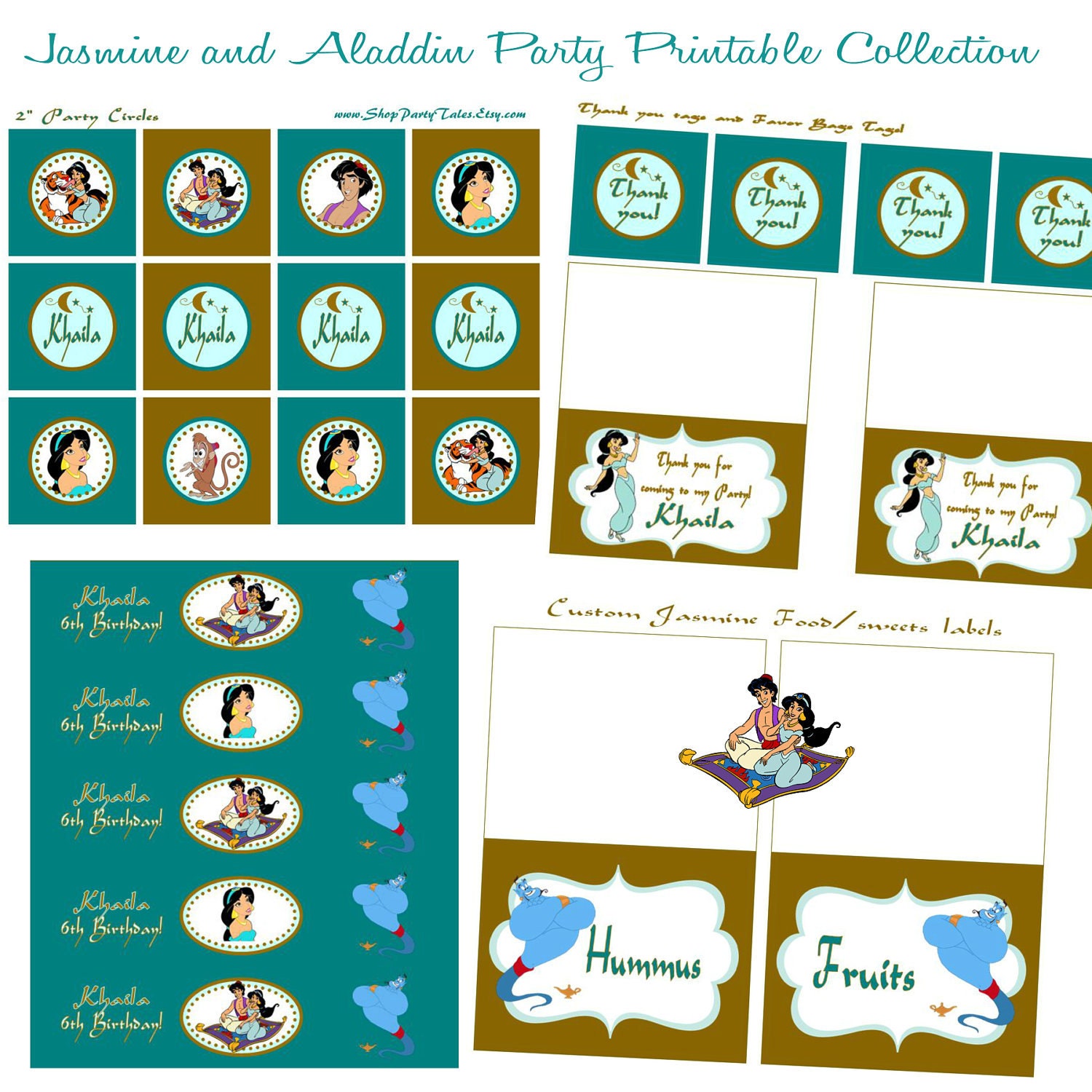 Jasmine and Aladdin Printable birthday party Collection cupcake toppers favors Thank you tags Water bottle & food table labels Il_570xn