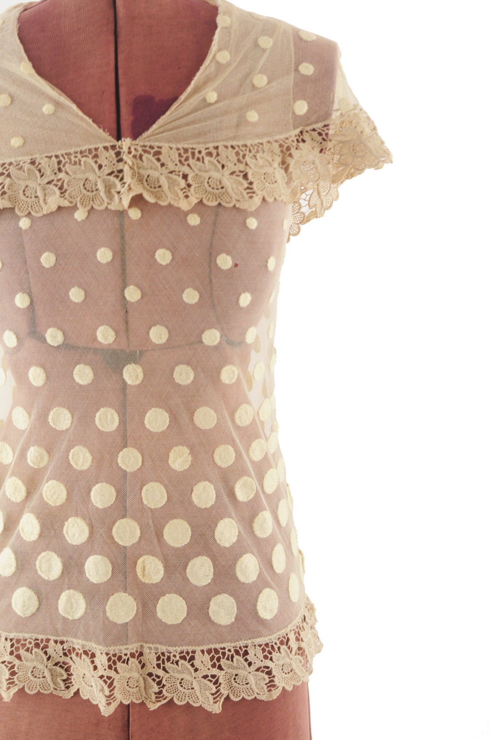 Vintage 1920's Sheer Mesh SAILOR Romantic Lace Blouse Top S