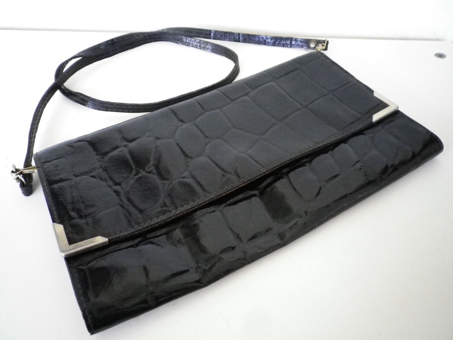 Black Leather Handbag Italian Vintage Alligator Texture Purse