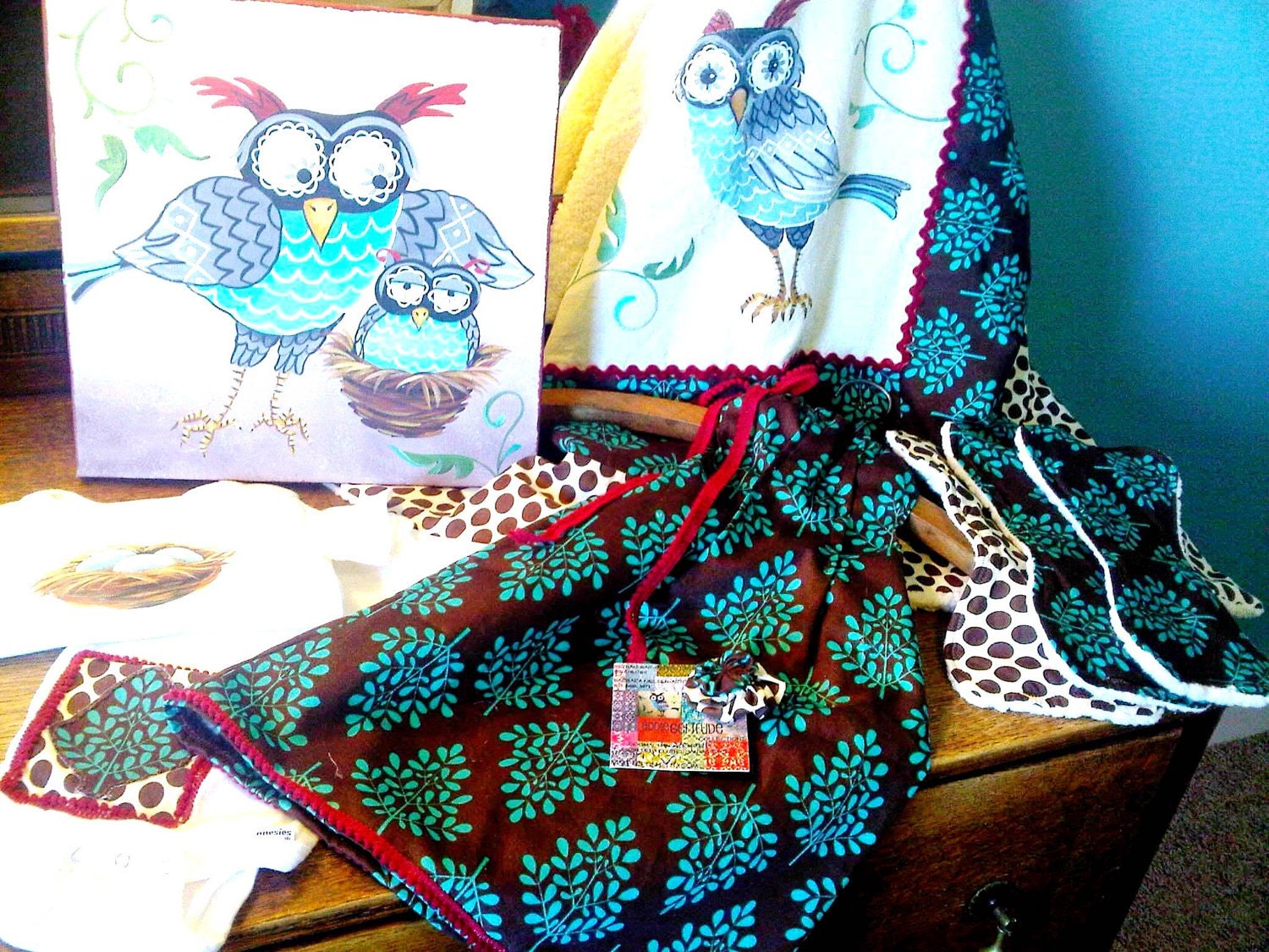 Owl Baby Nursery COLLECTION - Owls - 8 pc set - 3 Cloths, Canvas, 2 Onesies, Dress, Hair Clip - Mother, Baby - SISSY ADAILE Line