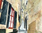 Fine Art Print Stockholm Alley Scene No 2-  Pen and Ink and Watercolor 5 x 7