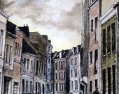 French Art Print French Street Scene  No 1 - Pen and Ink and Watercolor 8 x 10 - matted 11 x 14