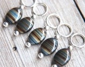 Snag Free Stitch Markers in Blue and Brown Striped Glass, Set of 5, Denim, Coffee