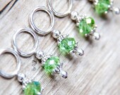 Snag Free Stitch Markers in Peridot Green Crystal, Set of 5, Antique Silver Capped