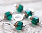 Snag Free Stitch Markers in Emerald Green Glass, Set of 5, Gold Cathedral Beads
