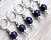 Snag Free Stitch Markers in Royal Purple Satin Finish Glass, Set of 5, Antique Silver Capped