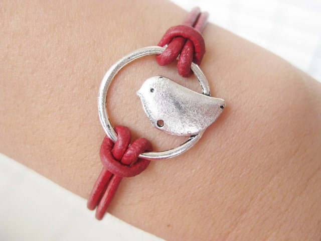 Real red leather bracelet, antique silver bird bracelet  B066-1