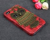 Antique Bronze Owl With Branch and Red Hard Case Cover for Apple iPhone 4, iPhone 4gs, iPhone 4s,iPhone 4g, iPhone Case