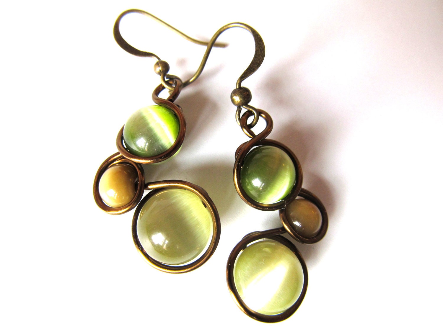 Khaki, Moss Green and Mocha Cat's Eye Earrings Wrapped with Antique Bronze Craft Wire - CarrieEastwood
