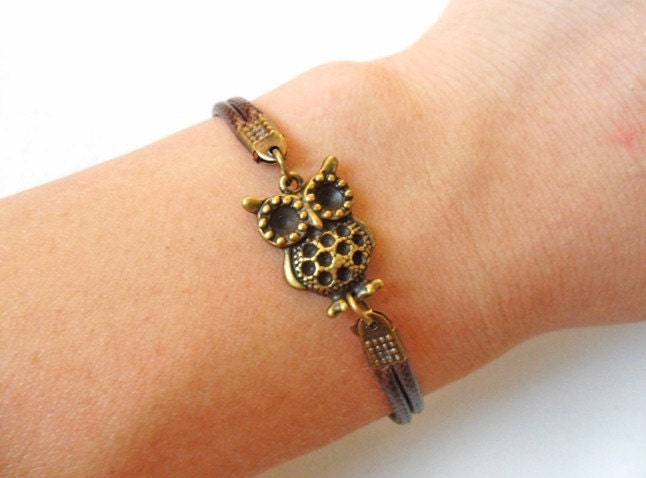 bangle bracelet antique bronze owl bracelet bangle bracelet with antique bronze owl and brown leather bracelet cuff SH-0201