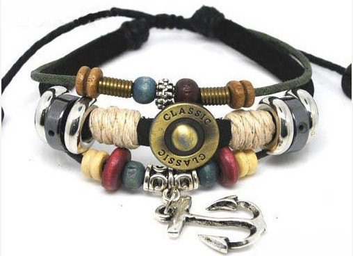 punk rock Bracelet women bracelet man bracelet Cuff real Leather and ropes ,wood beads ,hunger game antique anchor bracelet wrist SH-0411