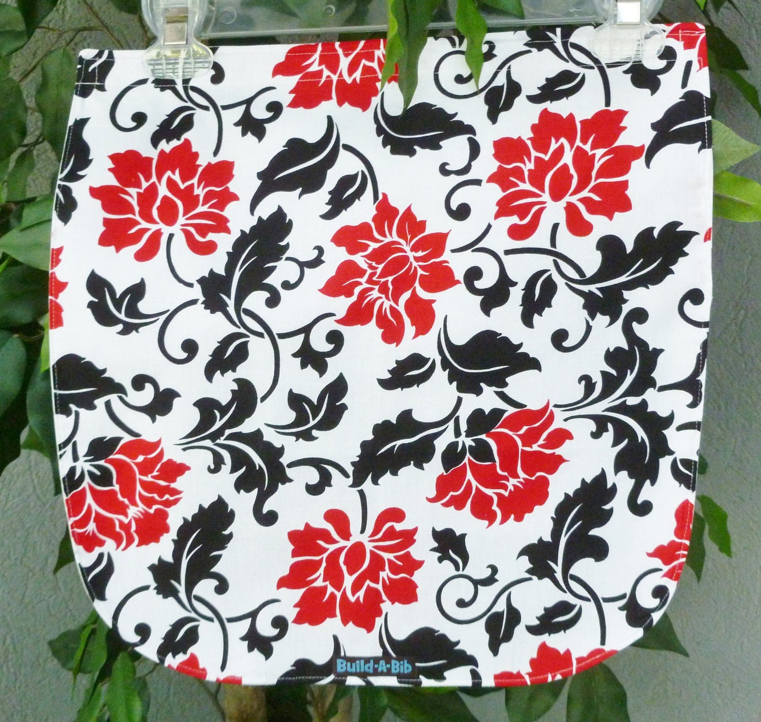 Adult Bib, mate, red black and white, floral, clothes protector