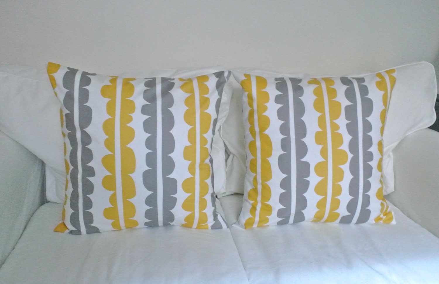 TWO 16x16 Yellow, Grey and White Decorative Pillow Covers