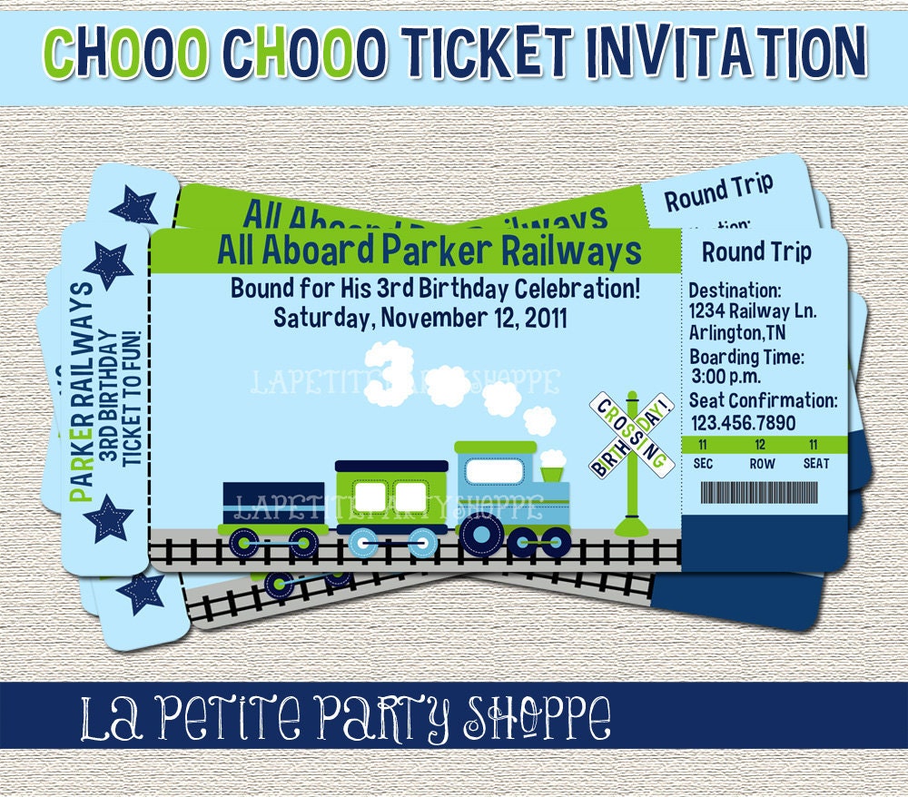 Choo Choo Little Train Ticket-Boarding Pass Invitation-Green and Navy-DIY-Print Your Own Il_170x135