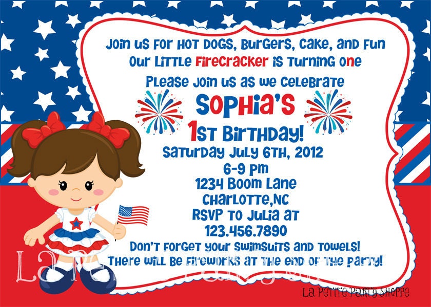 July 4th Red White Blue Invitation Design Girls-Little Firecracker-DIY-Print Your Own Il_170x135