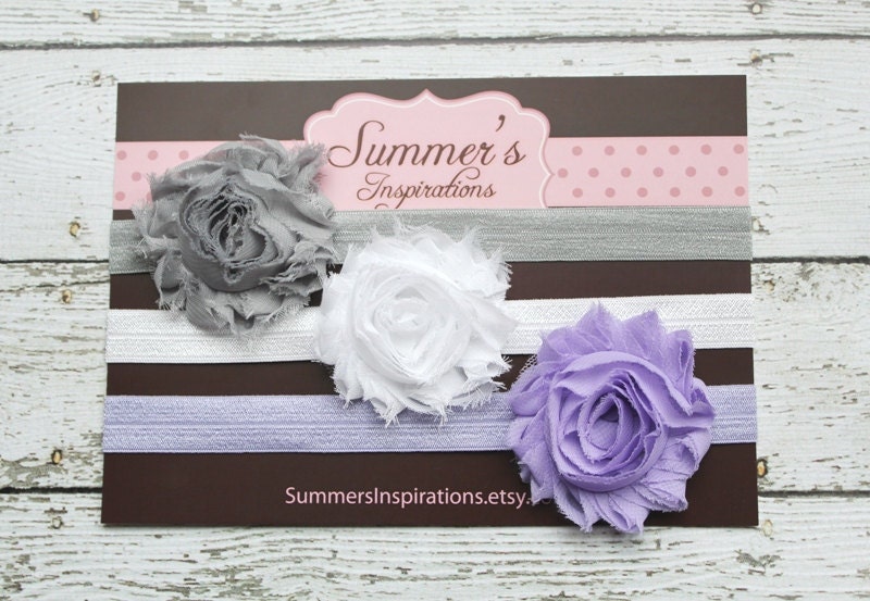 Baby Headbands - Shabby Headbands - Frayed Headbands - Grey White Purple