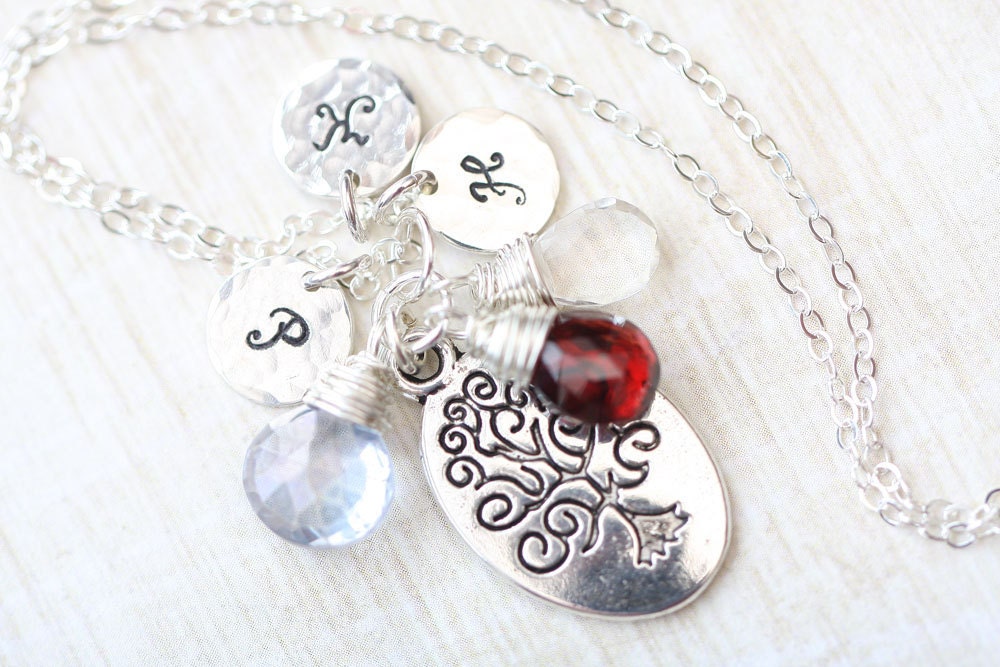 Mothers Necklace, Family Tree Necklace, Hand Stamped Necklace, Personalized Necklace with Three Initials, 3 Gemstones, Wire Wrapped