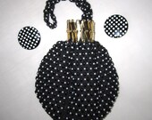 Beaded Handbag  Black & White Polka Dots with Expandable Accordion Gate Top Closure and Matching Clip Earrings -Retro 1950's Too Cute