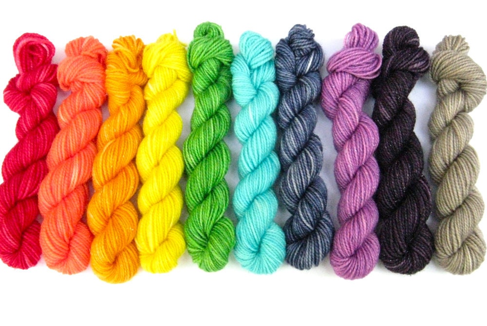 Hand Dyed Yarn - Superwash Merino, 10 Classic Sock Yarn Mini Skeins in Summer Rainbow - Last Set, In Stock.