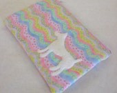 Zipper Pouch, Pastel Zig Zags with Appliqued White Wool Dog and White Satin Lining