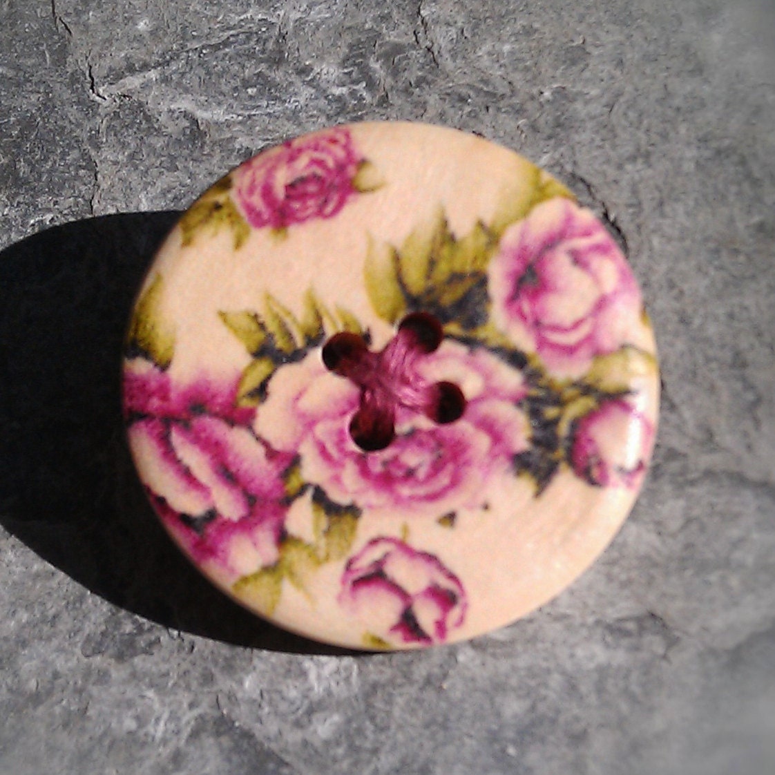 Wooden Button Brooch - English Rose - Beautiful, Bright and Floral - Original