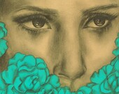 Portrait of Woman with Teal Blue Flowers Print 6x6 inches