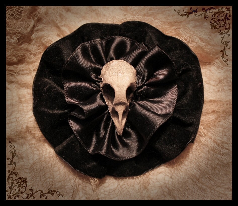 Gothic victorian black velvet satin bird skull hair clip barrette brooch