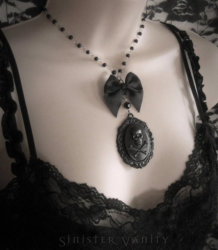 Gothic Lolita Necklace Skull Victorian Black Crossbones Cameo with Bow & Rosary Beaded Chain Necklace