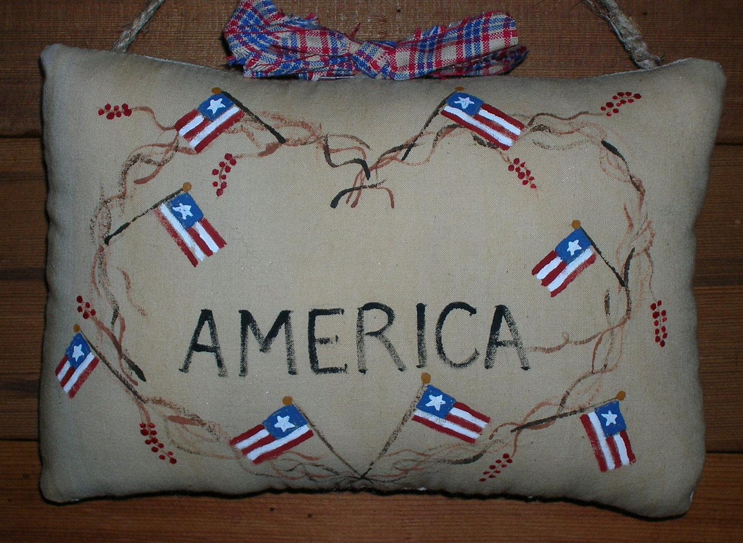 Primitive Patriotic Pillow Tuck Heart Vine Wreath & Folk Art Flags Americana Wallhanging