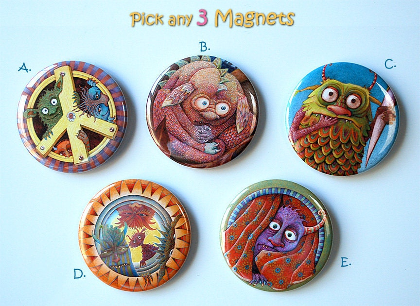 Monster Magnets - 3 Magnet SET - Housewares - Monster Art - Magnets - Kitchen - Fridge - Geekery - Cute Monsters