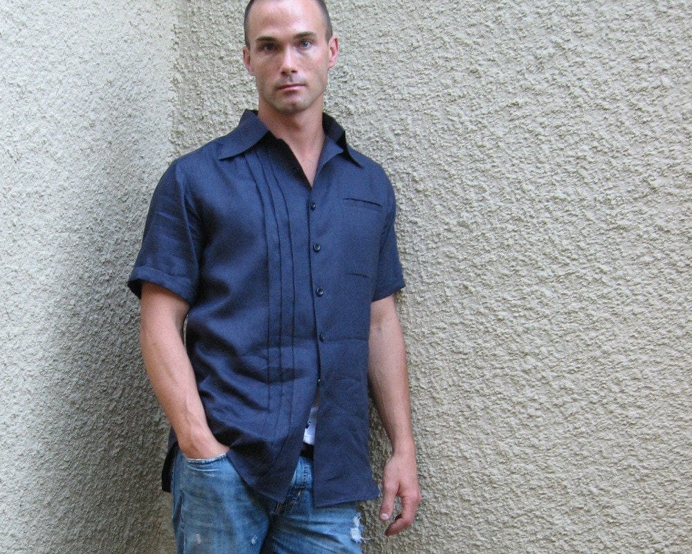 Navy Linen Mens Short Sleeved Shirt Custom Made for You