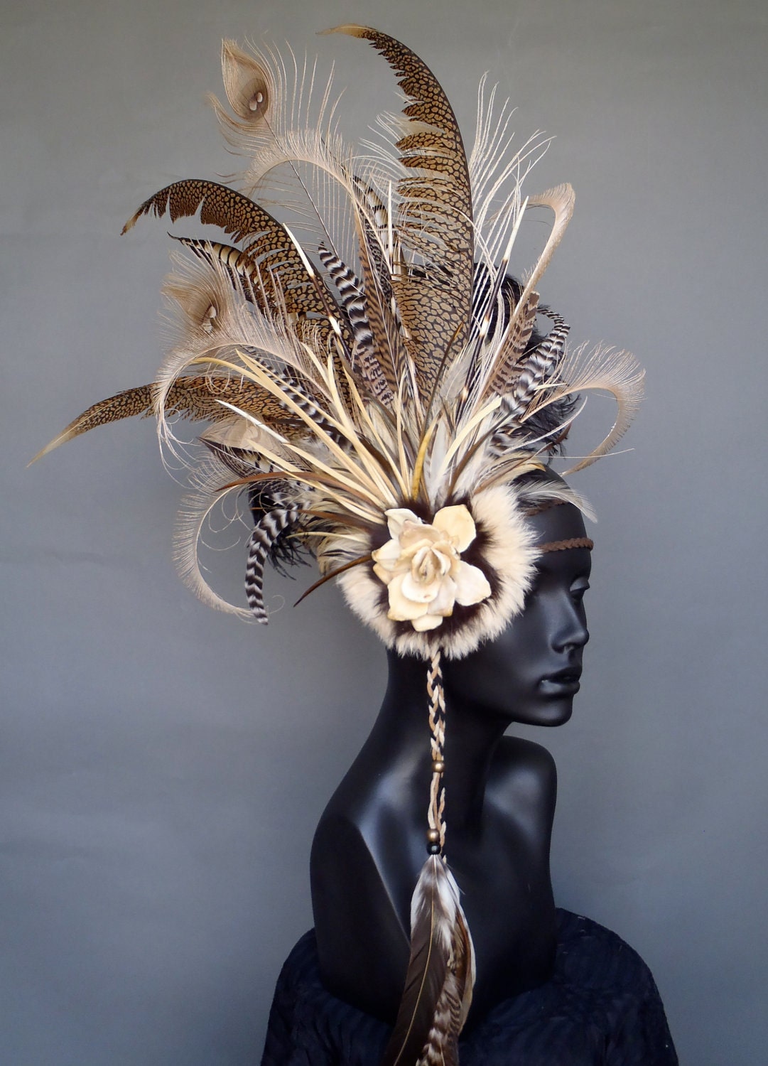 MADE TO ORDER Brown and Ivory Feather Headdress Headpiece