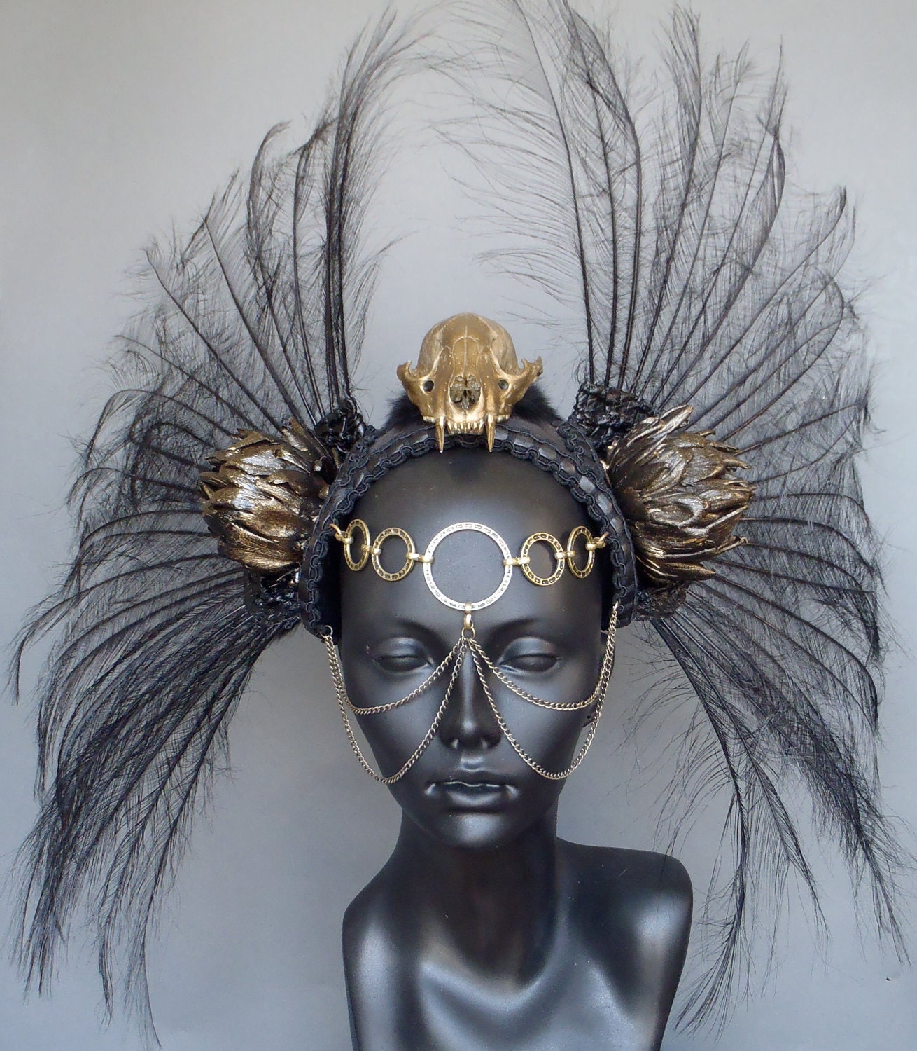 MADE TO ORDER Gold Skull & Black Feather Headdress Warrior
