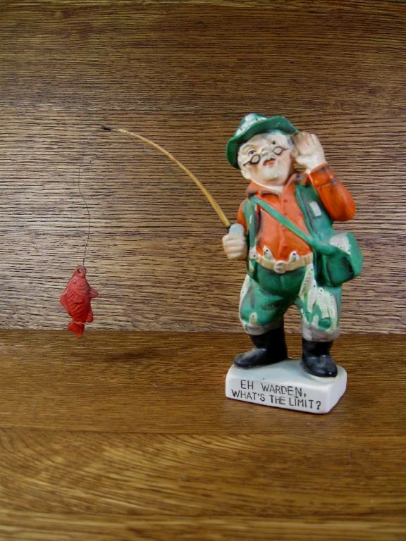 Comical Vintage Old Man with Bamboo Pole and Fish Over Limit Catch Humorous Figurine