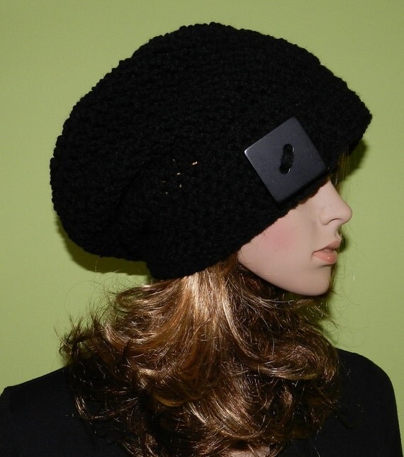 HIPPIE Hat  Women Teen Hat crochet  Slouch Cap , Rasta Cap, Big Beanie, boho hippie, hipster all season slouch hat  in BLACK